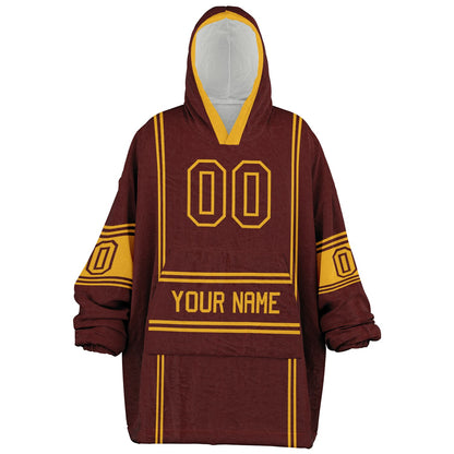 Burgundy and gold lineup snug hoodie featuring sleek line-art details and minimalist team-inspired design.