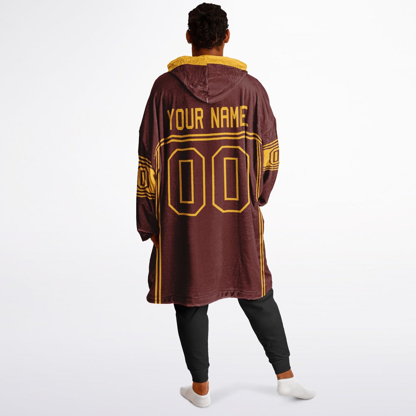 Burgundy and gold lineup snug hoodie featuring sleek line-art details and minimalist team-inspired design.