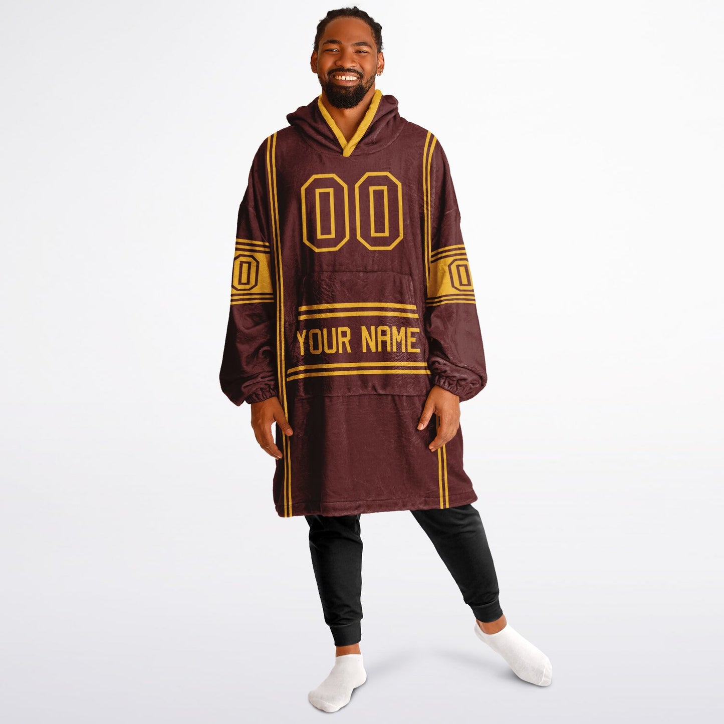 Burgundy and gold lineup snug hoodie featuring sleek line-art details and minimalist team-inspired design.