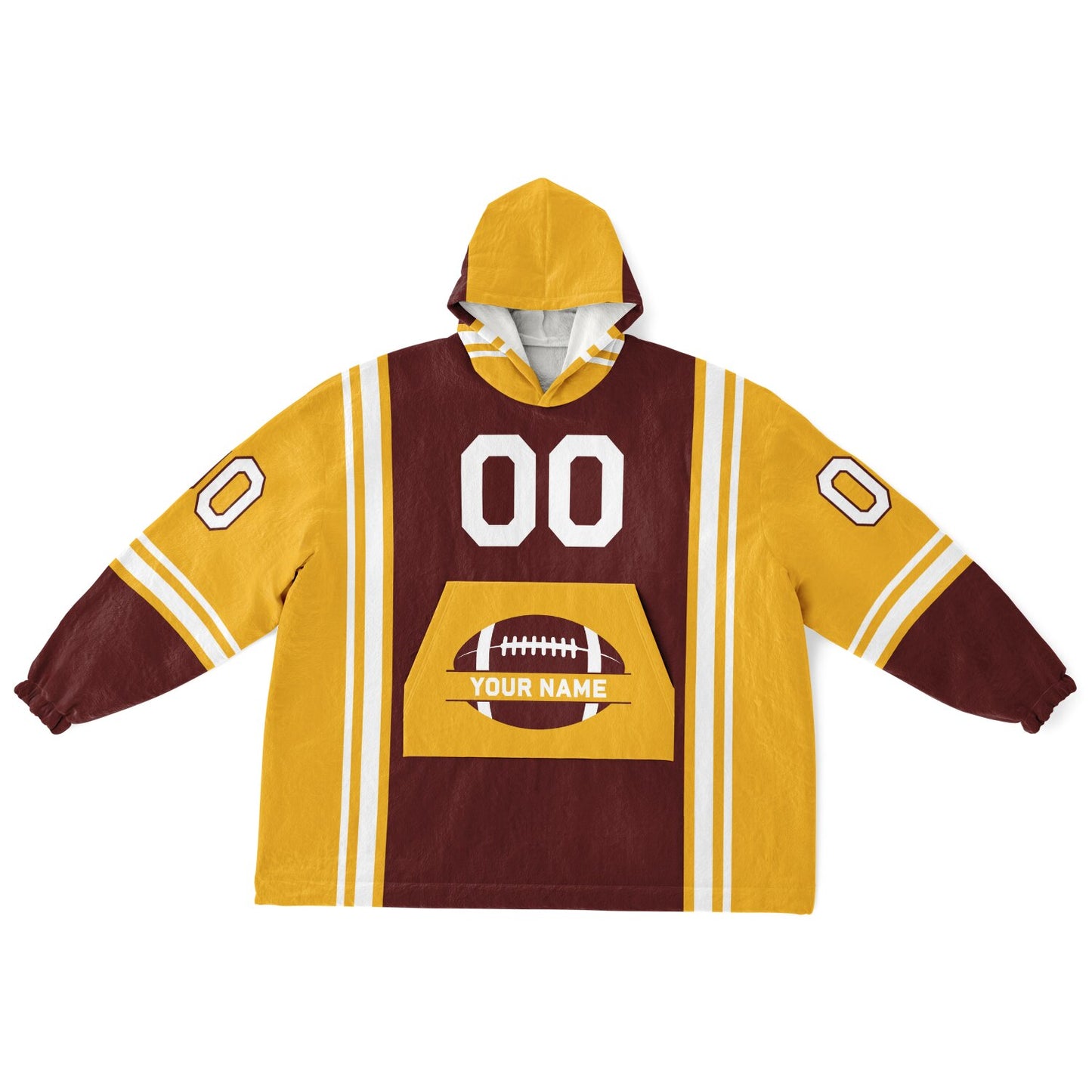 Burgundy, gold, and white bold snug hoodie with triple color blocking and a sporty aesthetic.