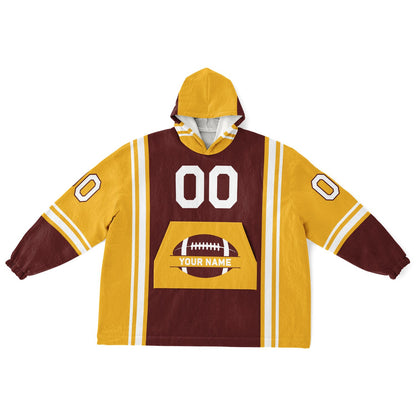 Burgundy, gold, and white bold snug hoodie with triple color blocking and a sporty aesthetic.