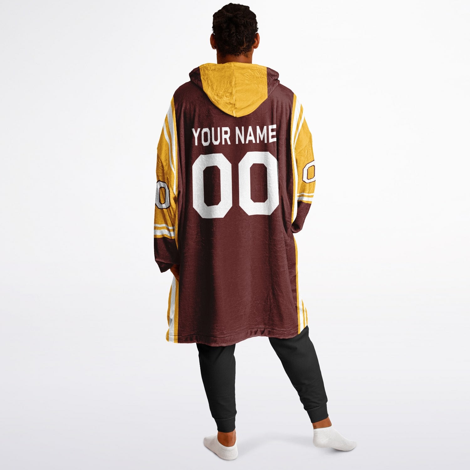 Burgundy, gold, and white bold snug hoodie with triple color blocking and a sporty aesthetic.