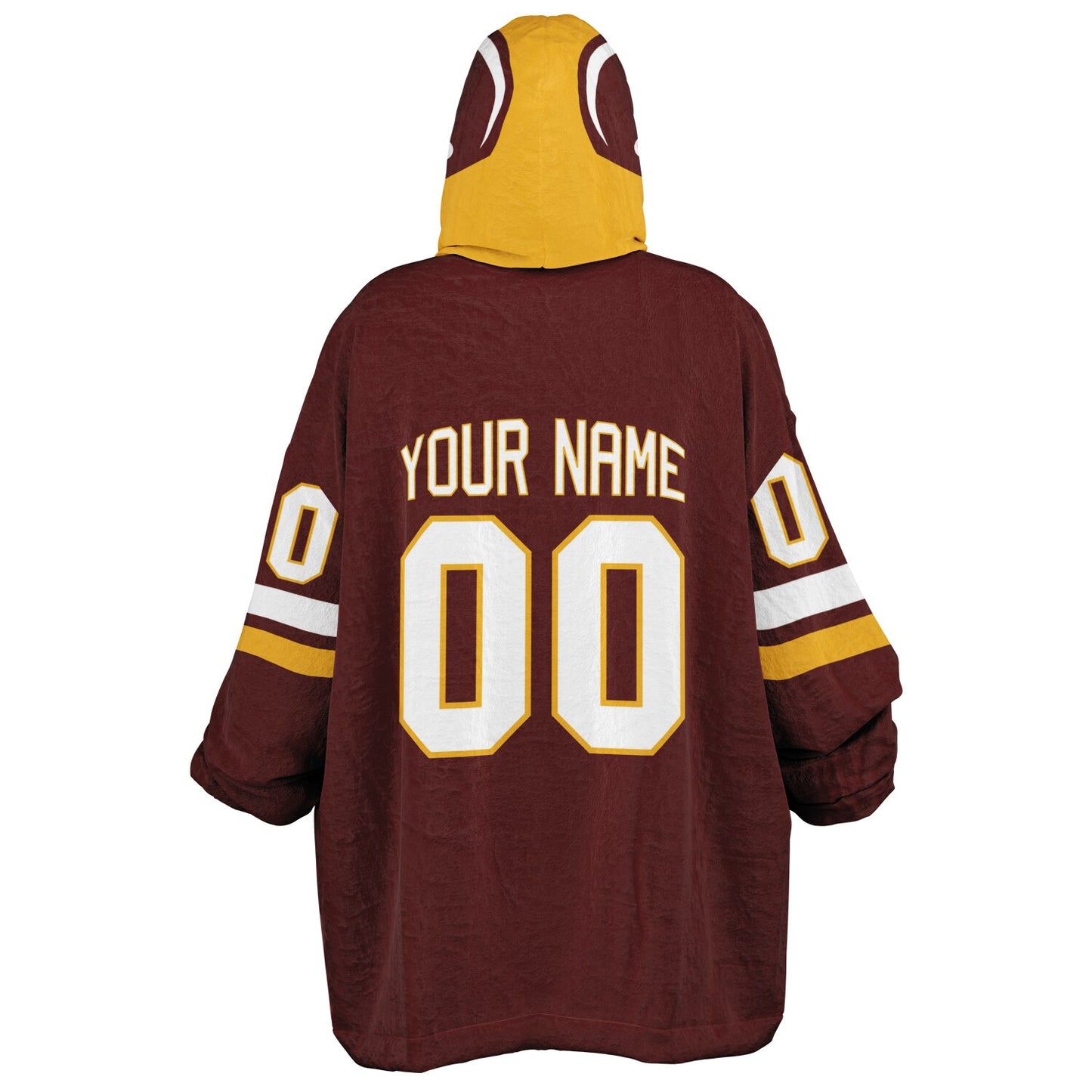 Burgundy, gold, and white classic snug hoodie featuring authentic jersey striping and personalized number details.