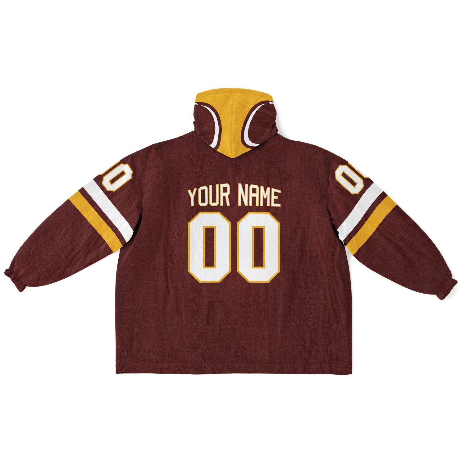 Burgundy, gold, and white classic snug hoodie featuring authentic jersey striping and personalized number details.