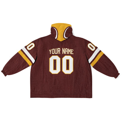 Burgundy, gold, and white classic snug hoodie featuring authentic jersey striping and personalized number details.