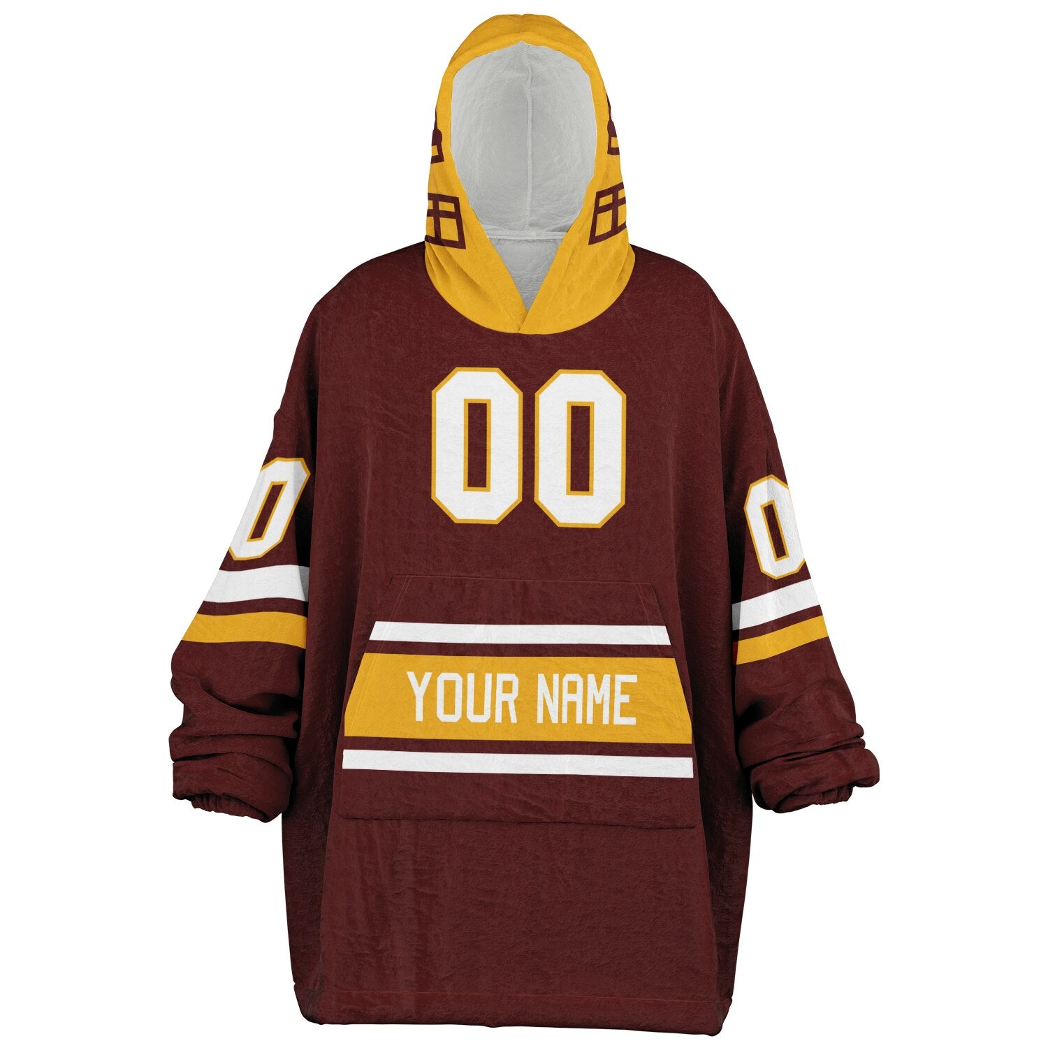 Burgundy, gold, and white classic snug hoodie featuring authentic jersey striping and personalized number details.