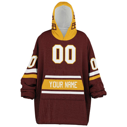 Burgundy, gold, and white classic snug hoodie featuring authentic jersey striping and personalized number details.