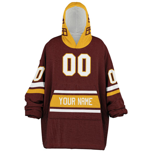 Burgundy, gold, and white classic snug hoodie featuring authentic jersey striping and personalized number details.
