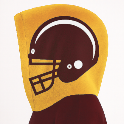 Burgundy, gold, and white classic snug hoodie featuring authentic jersey striping and personalized number details.