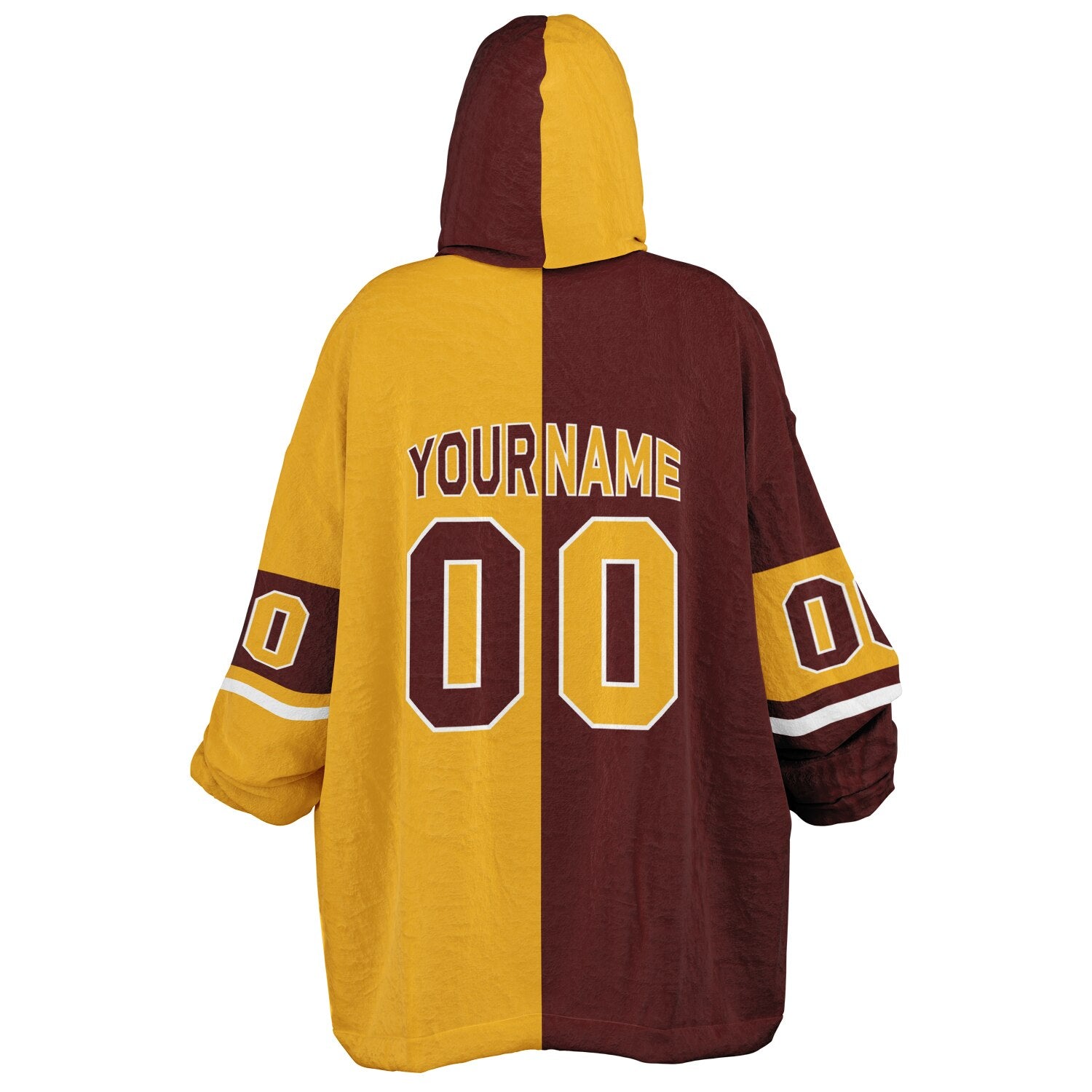 Burgundy, gold, and white halftime snug hoodie with three-tone split design and cozy fleece texture.
