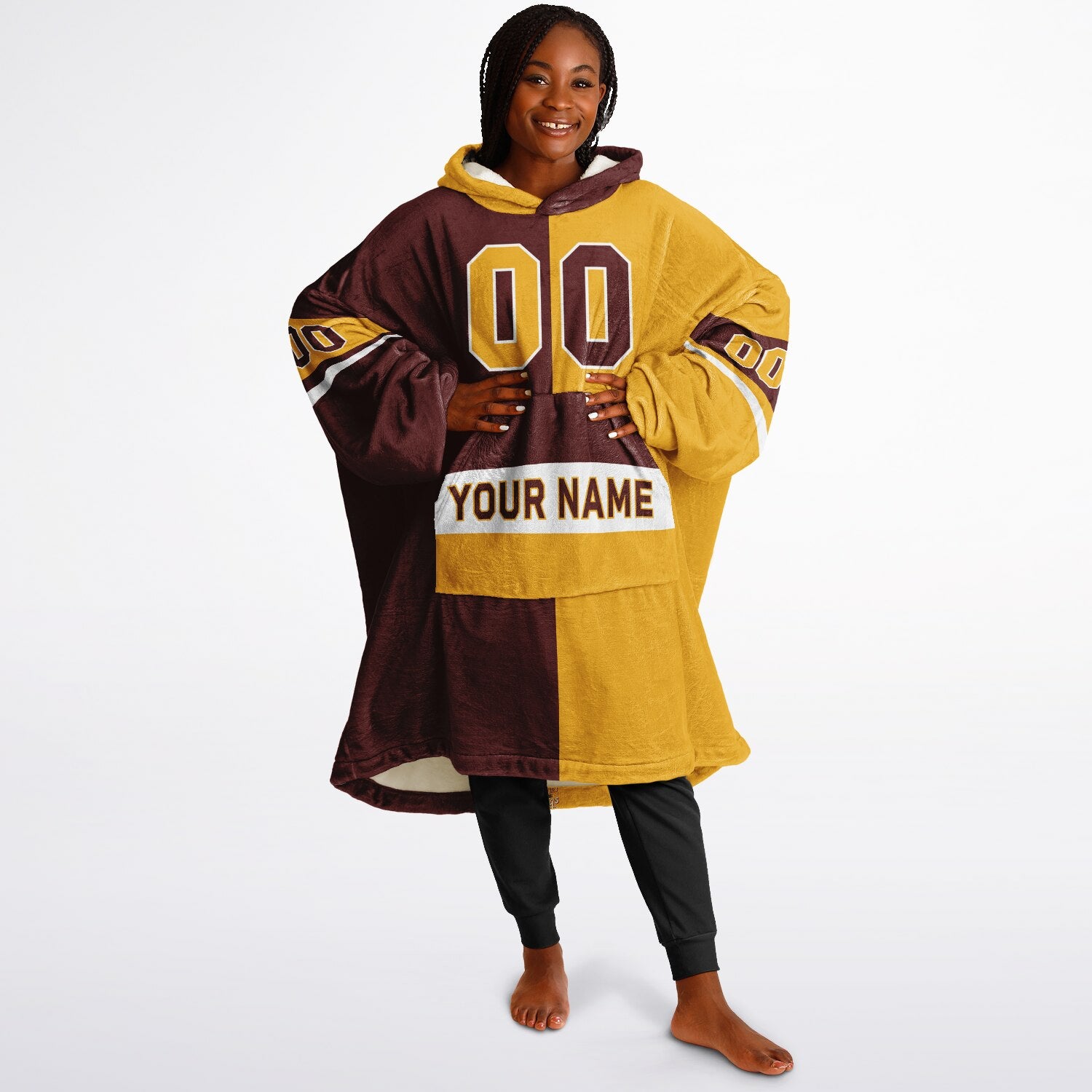 Burgundy, gold, and white halftime snug hoodie with three-tone split design and cozy fleece texture.