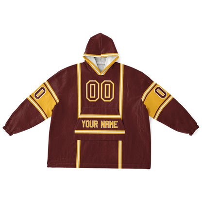 Burgundy, gold, and white lineup snug hoodie with clean line work and subtle jersey influence.
