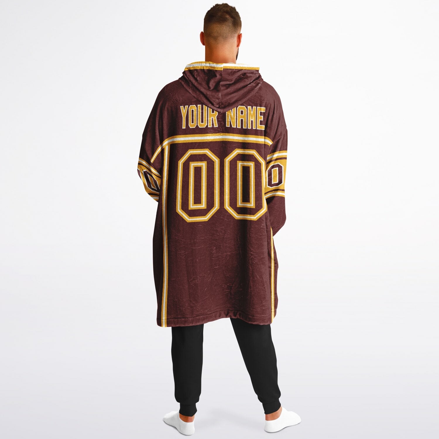 Burgundy, gold, and white lineup snug hoodie with clean line work and subtle jersey influence.