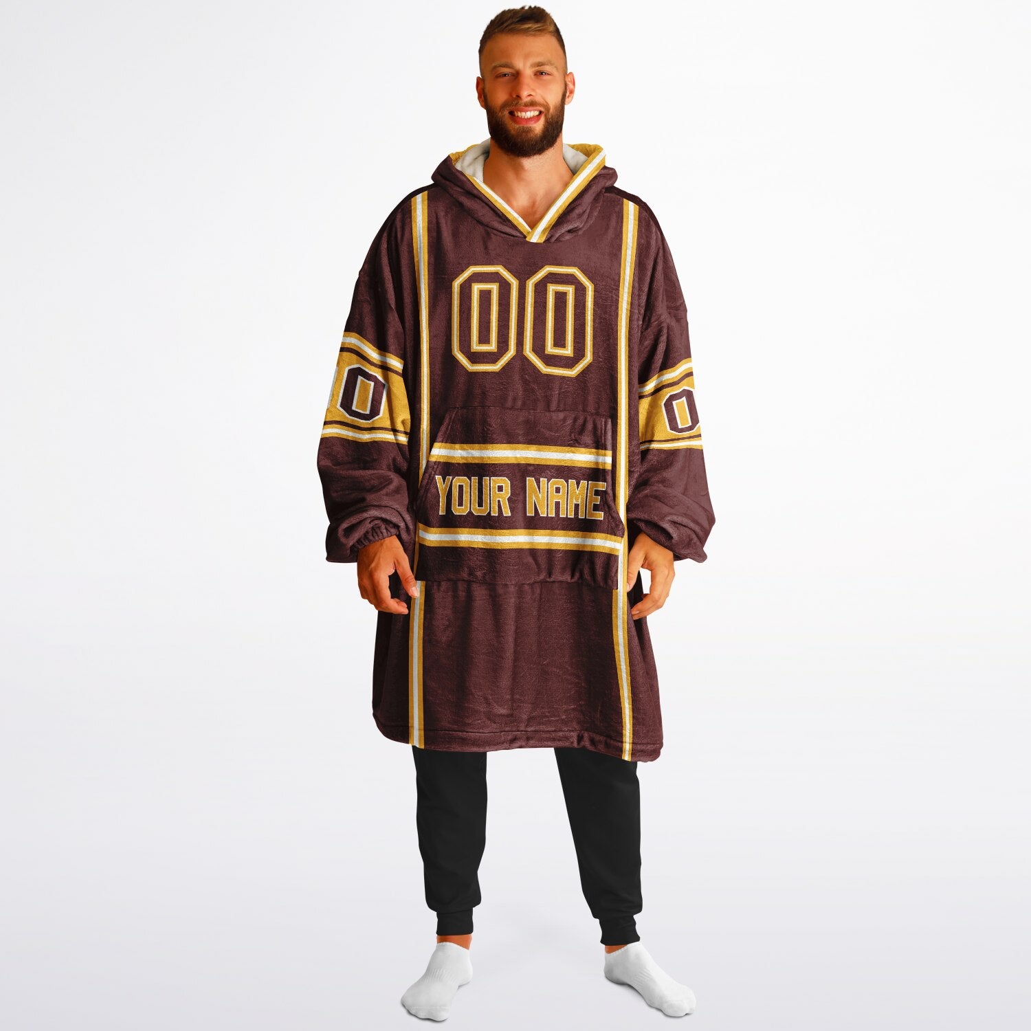 Burgundy, gold, and white lineup snug hoodie with clean line work and subtle jersey influence.