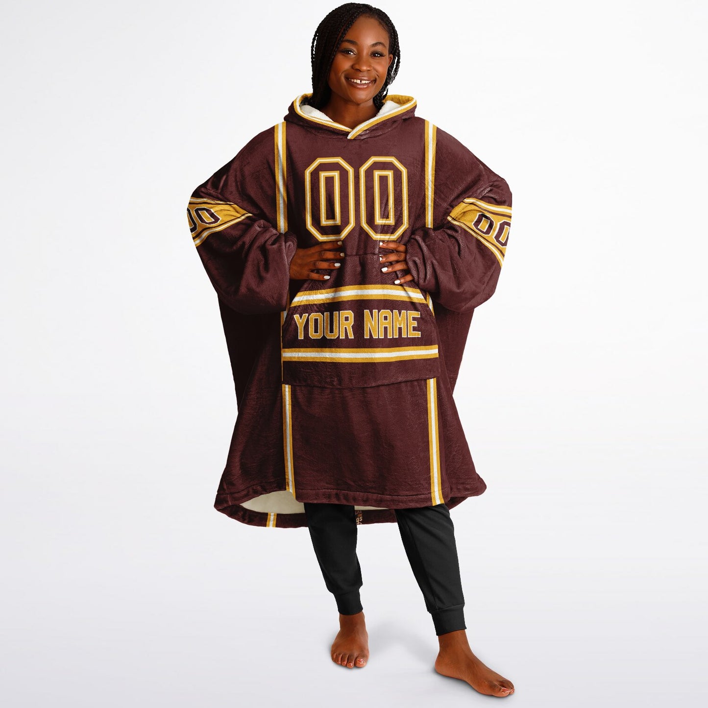 Burgundy, gold, and white lineup snug hoodie with clean line work and subtle jersey influence.