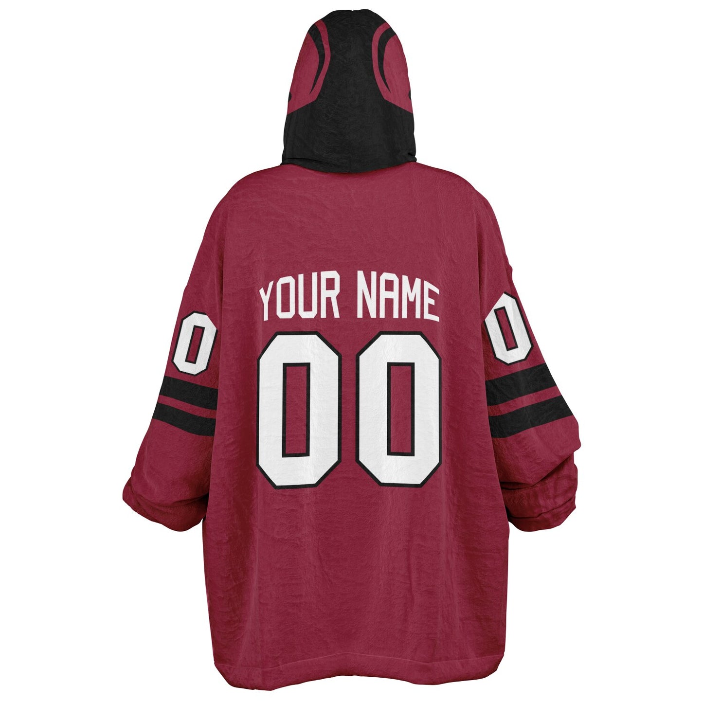 Cardinal red and black classic snug hoodie featuring jersey-style stripes and personalized name and number.