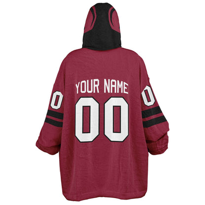 Cardinal red and black classic snug hoodie featuring jersey-style stripes and personalized name and number.