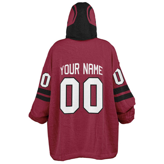 Cardinal red and black classic snug hoodie featuring jersey-style stripes and personalized name and number.