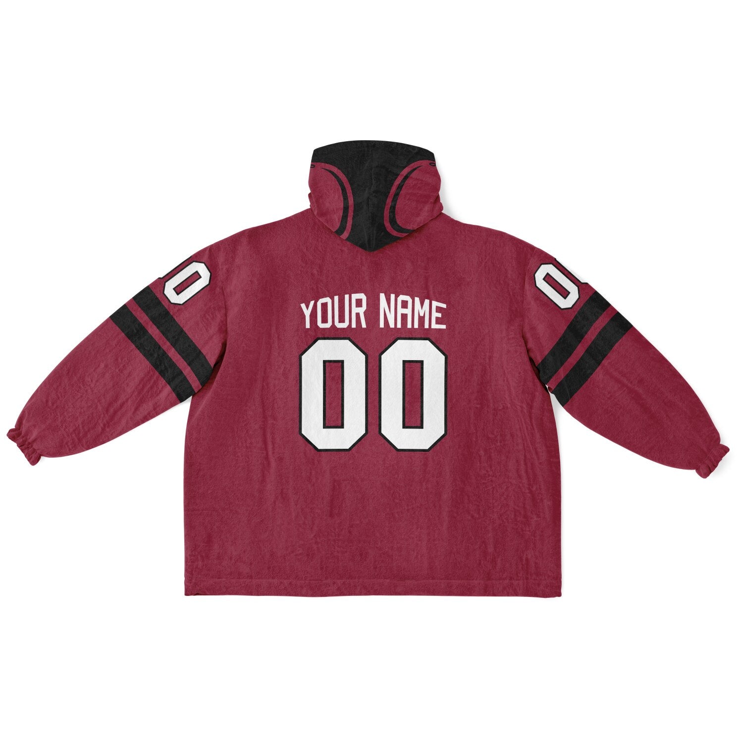 Cardinal red and black classic snug hoodie featuring jersey-style stripes and personalized name and number.