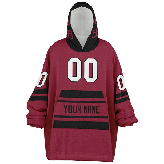 Cardinal red and black classic snug hoodie featuring jersey-style stripes and personalized name and number.