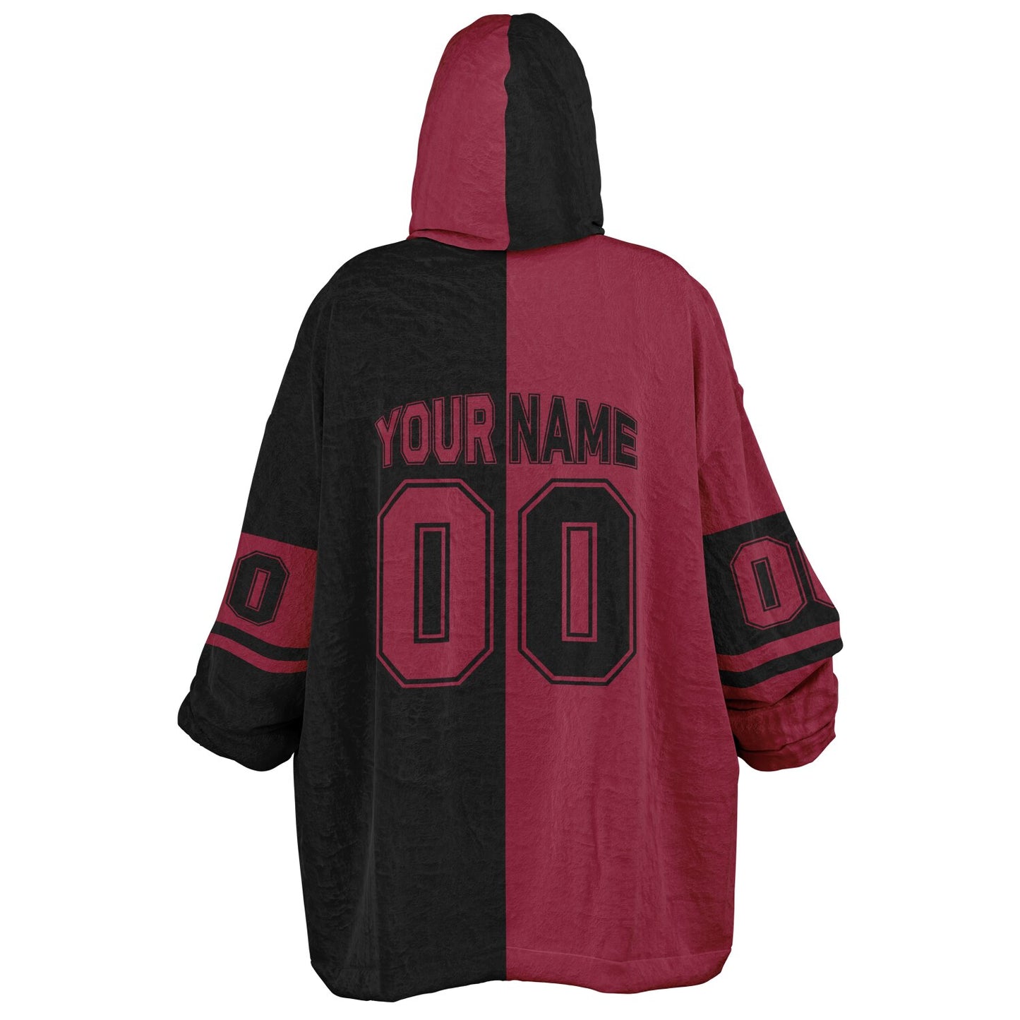 Cardinal red and black halftime snug hoodie featuring a symmetrical split design for a dynamic game-day look.