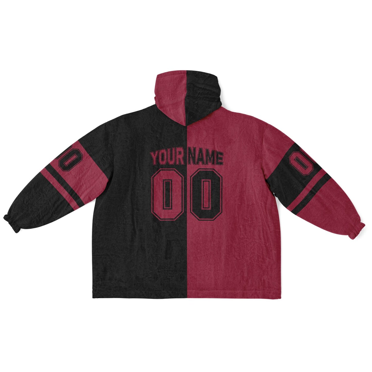 Cardinal red and black halftime snug hoodie featuring a symmetrical split design for a dynamic game-day look.