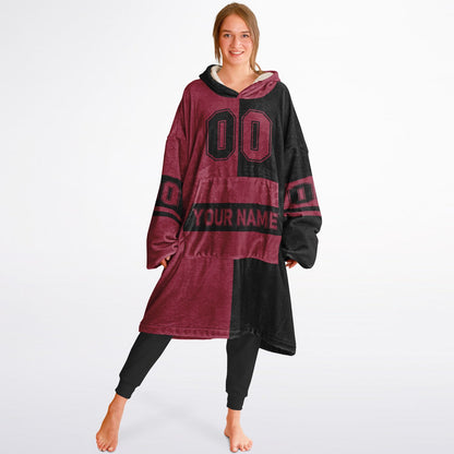 Cardinal red and black halftime snug hoodie featuring a symmetrical split design for a dynamic game-day look.