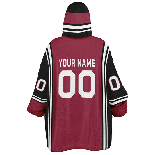 Cardinal red, black, and white bold snug hoodie with triple color blocking and a sporty aesthetic.