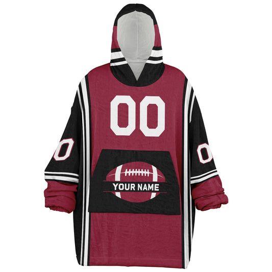 Cardinal red, black, and white bold snug hoodie with triple color blocking and a sporty aesthetic.