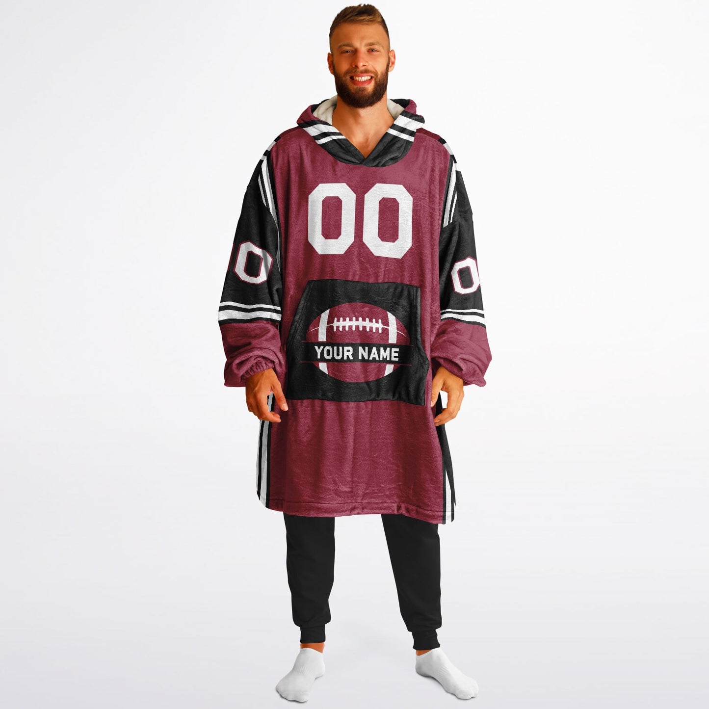 Cardinal red, black, and white bold snug hoodie with triple color blocking and a sporty aesthetic.