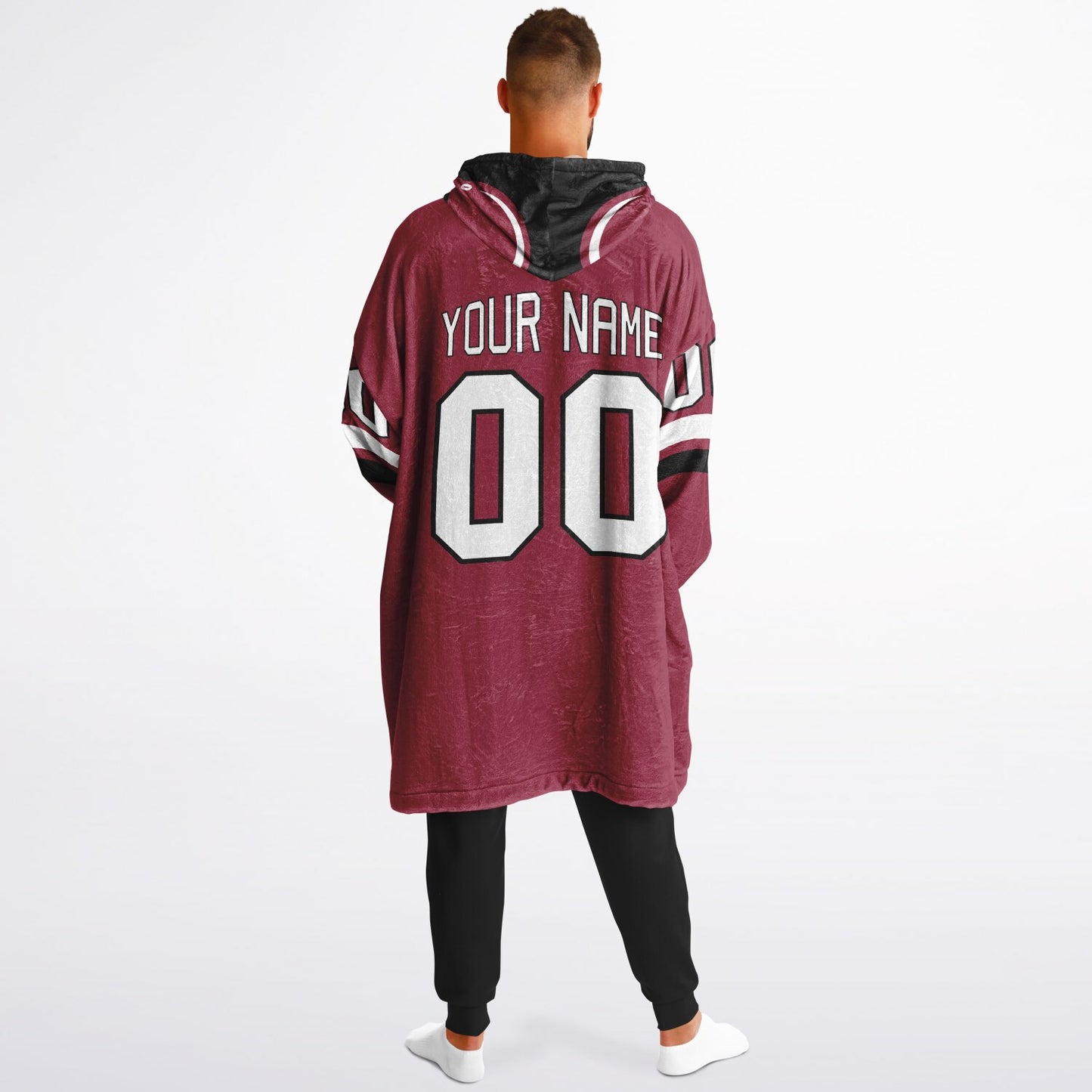 Cardinal red, black, and white classic snug hoodie featuring authentic jersey striping and personalized number details.