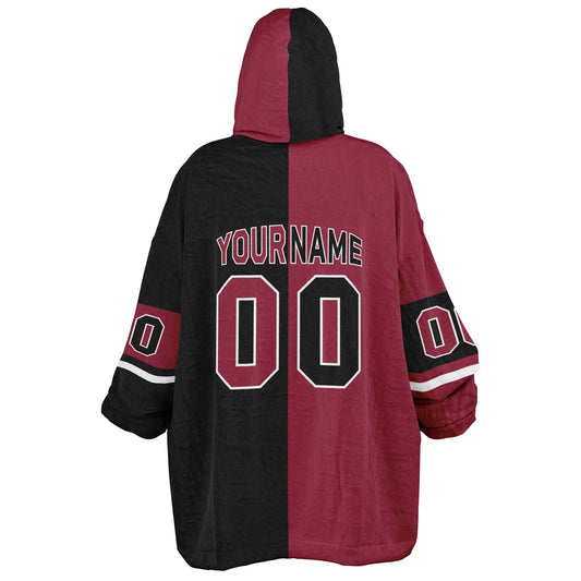 Cardinal red, black, and white halftime snug hoodie with three-tone split design and cozy fleece texture.