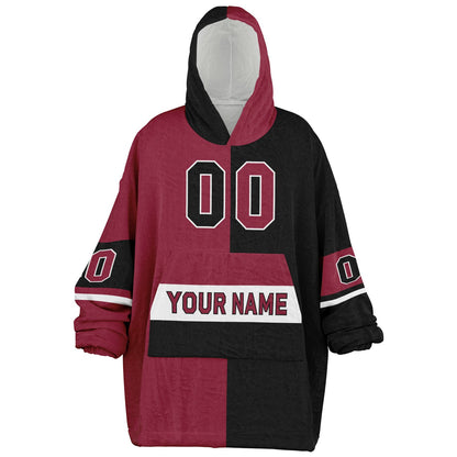Cardinal red, black, and white halftime snug hoodie with three-tone split design and cozy fleece texture.