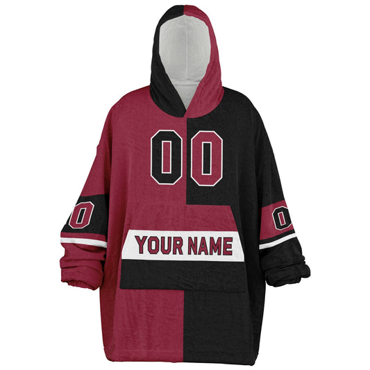 Cardinal red, black, and white halftime snug hoodie with three-tone split design and cozy fleece texture.