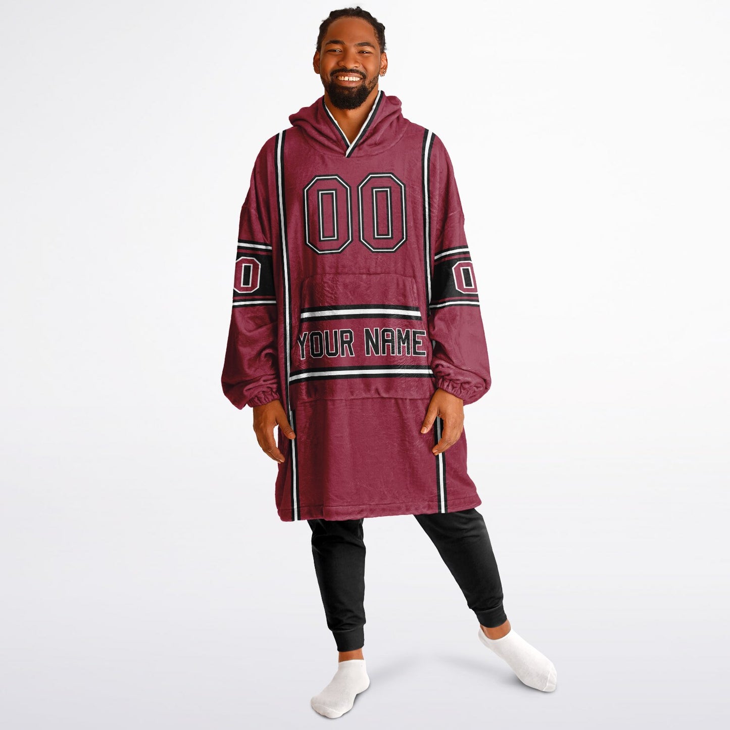 Cardinal red, black, and white lineup snug hoodie with clean line work and subtle jersey influence.