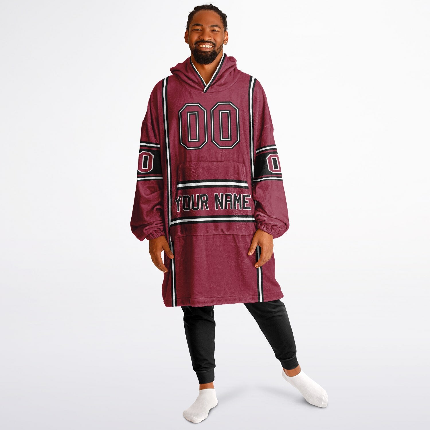 Cardinal red, black, and white lineup snug hoodie with clean line work and subtle jersey influence.