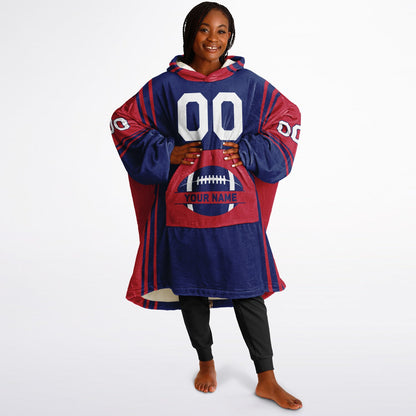Dark blue and red bold snug hoodie with modern color-block design and soft loungewear fit.
