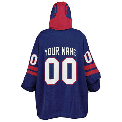 Dark blue and red classic snug hoodie featuring jersey-style stripes and personalized name and number.