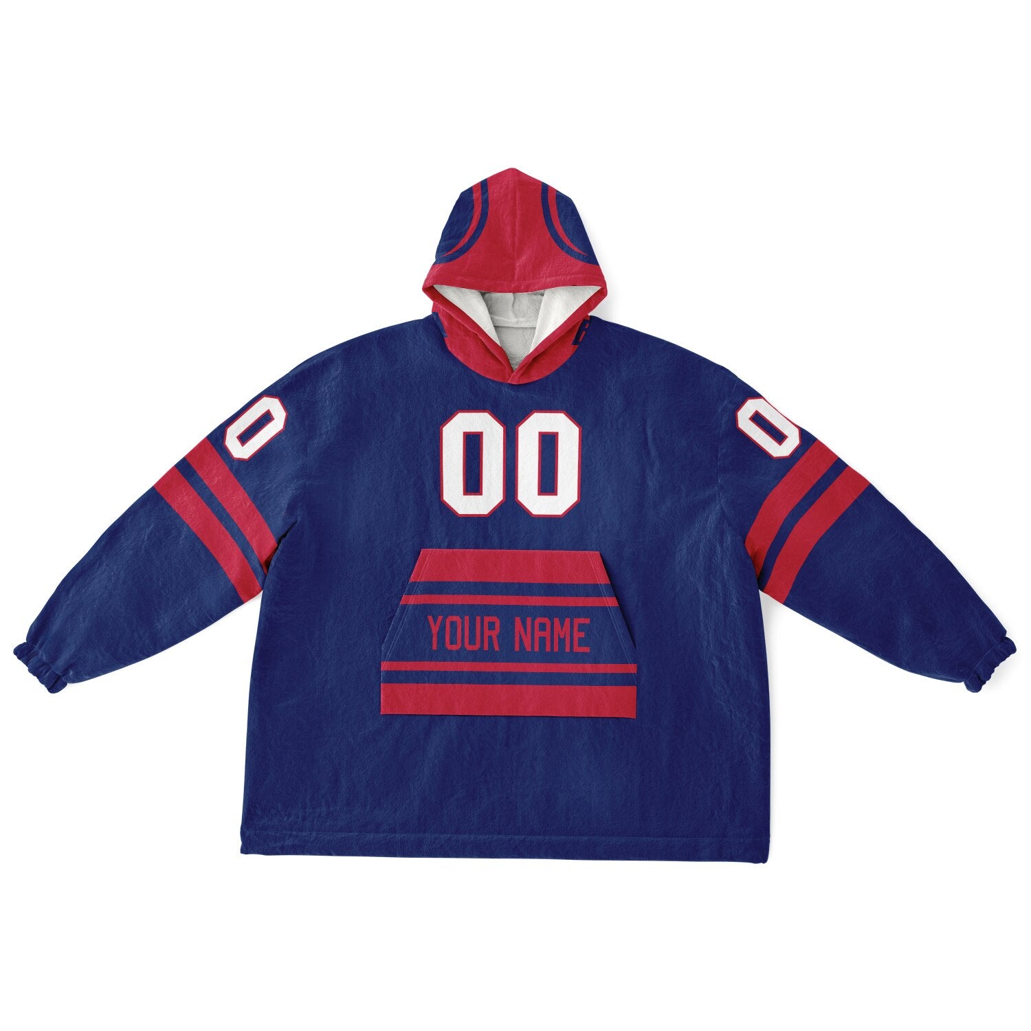 Dark blue and red classic snug hoodie featuring jersey-style stripes and personalized name and number.