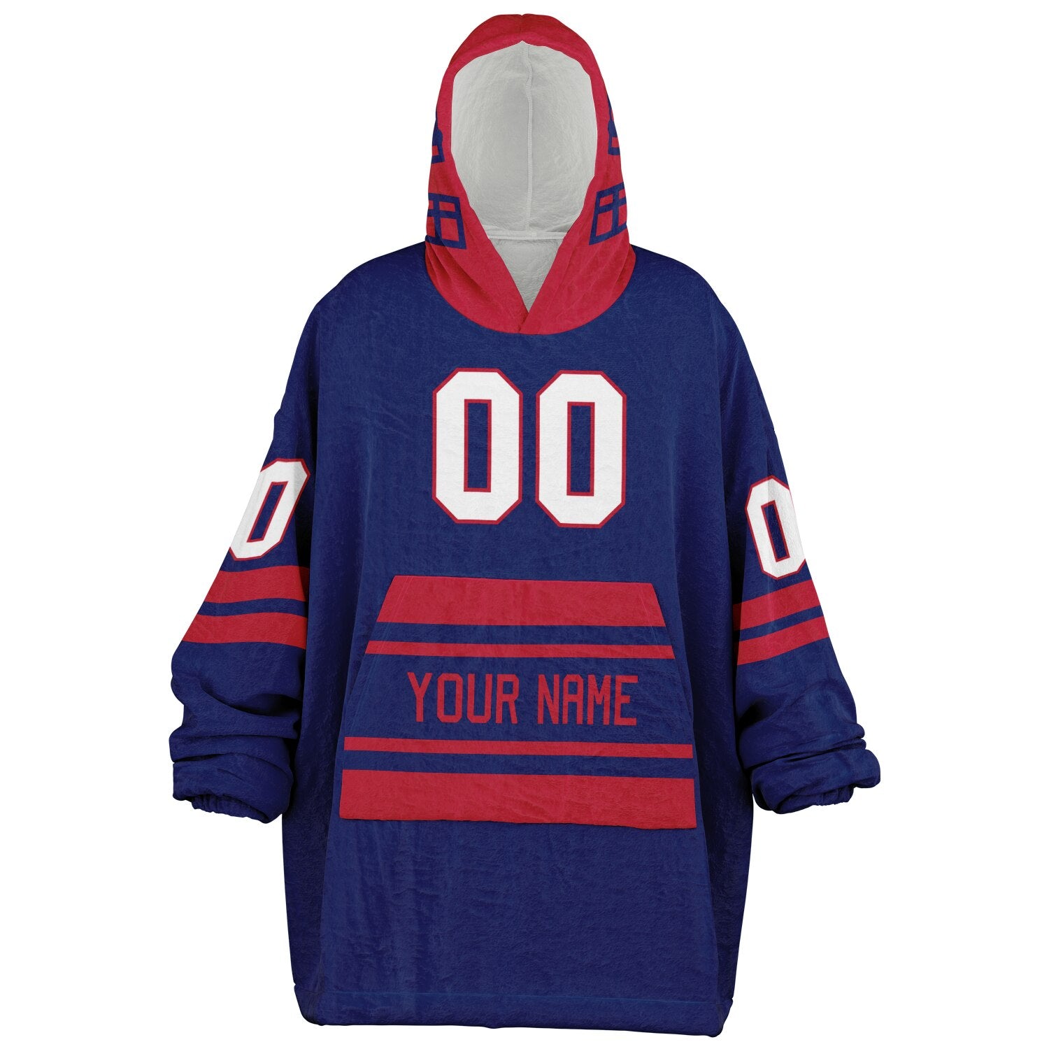 Dark blue and red classic snug hoodie featuring jersey-style stripes and personalized name and number.