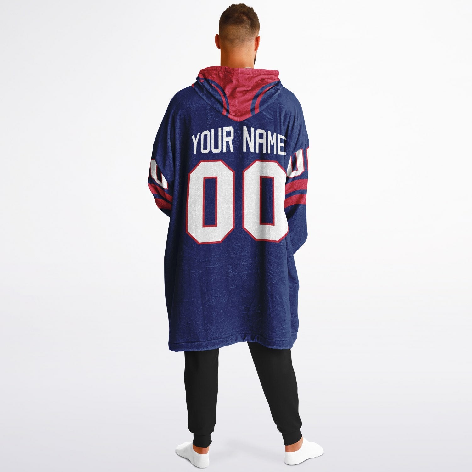 Dark blue and red classic snug hoodie featuring jersey-style stripes and personalized name and number.