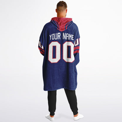 Dark blue and red classic snug hoodie featuring jersey-style stripes and personalized name and number.