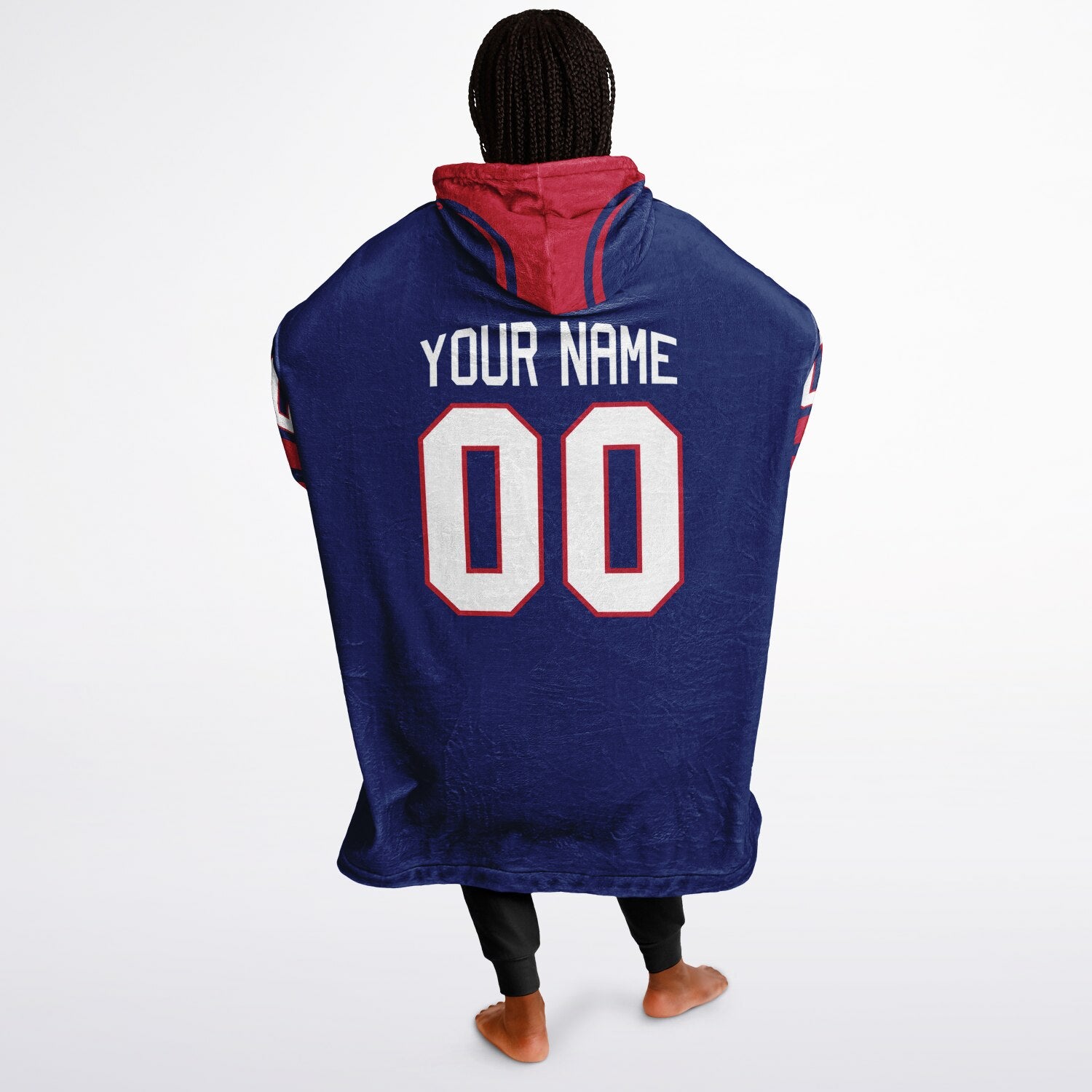 Dark blue and red classic snug hoodie featuring jersey-style stripes and personalized name and number.