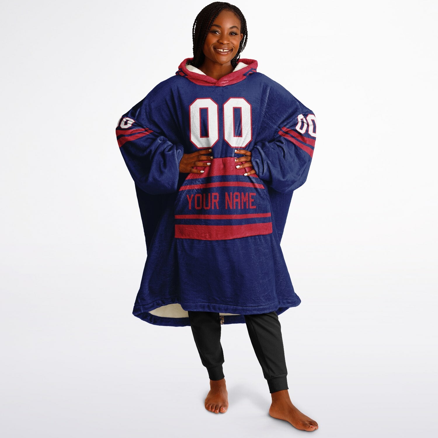 Dark blue and red classic snug hoodie featuring jersey-style stripes and personalized name and number.