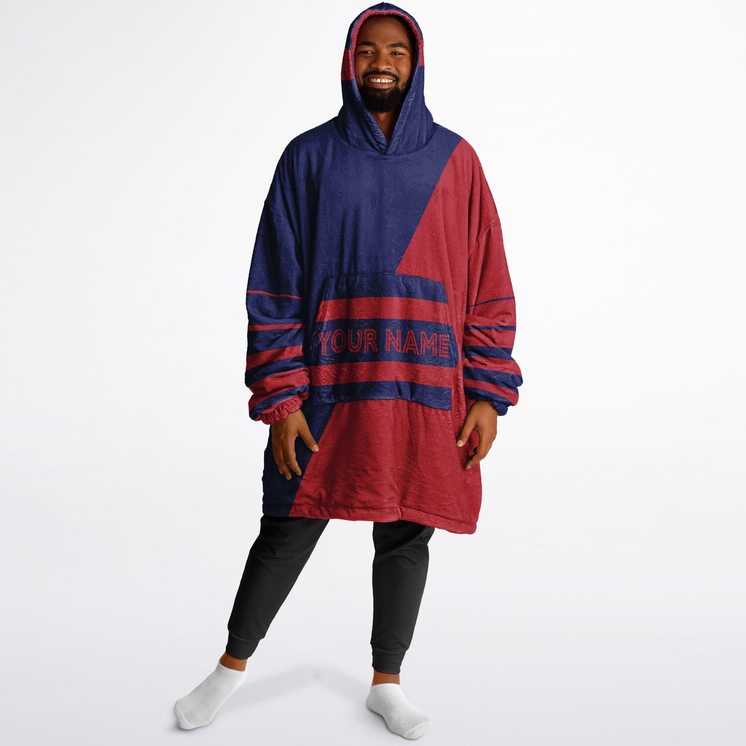 Dark blue and red reversible snug hoodie with soft interior lining and casual everyday style for football fans.