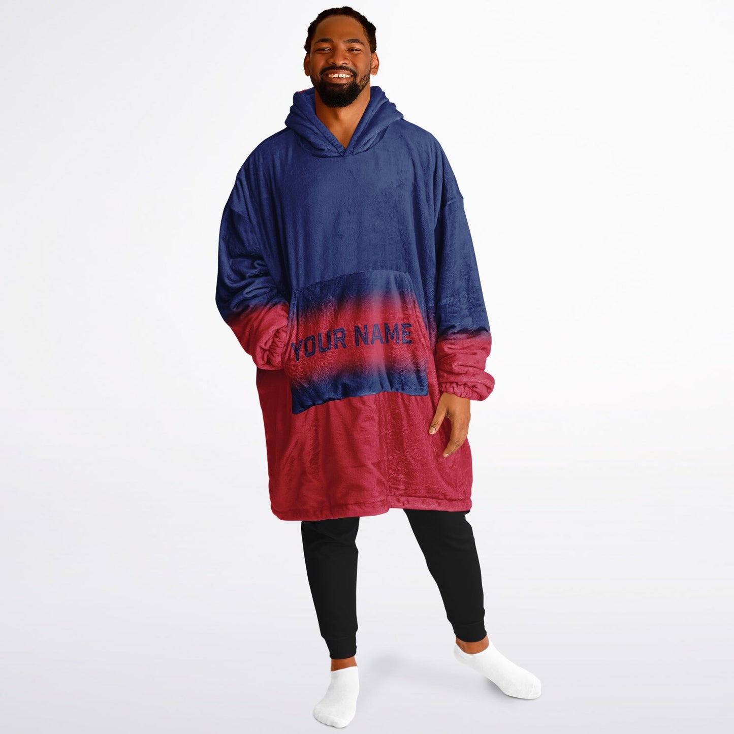 Dark blue and red reversible snug hoodie with soft interior lining and casual everyday style for football fans.
