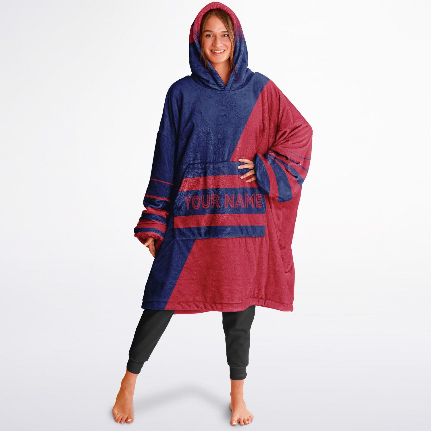 Dark blue and red reversible snug hoodie with soft interior lining and casual everyday style for football fans.