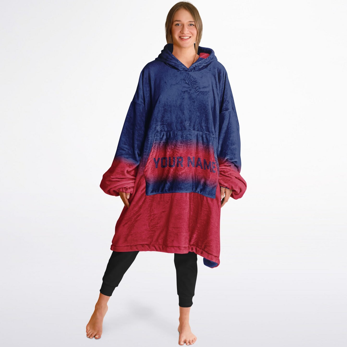 Dark blue and red reversible snug hoodie with soft interior lining and casual everyday style for football fans.