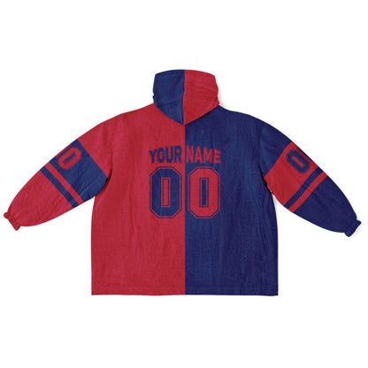 Dark blue and red halftime snug hoodie featuring a symmetrical split design for a dynamic game-day look.