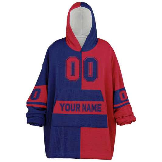 Dark blue and red halftime snug hoodie featuring a symmetrical split design for a dynamic game-day look.